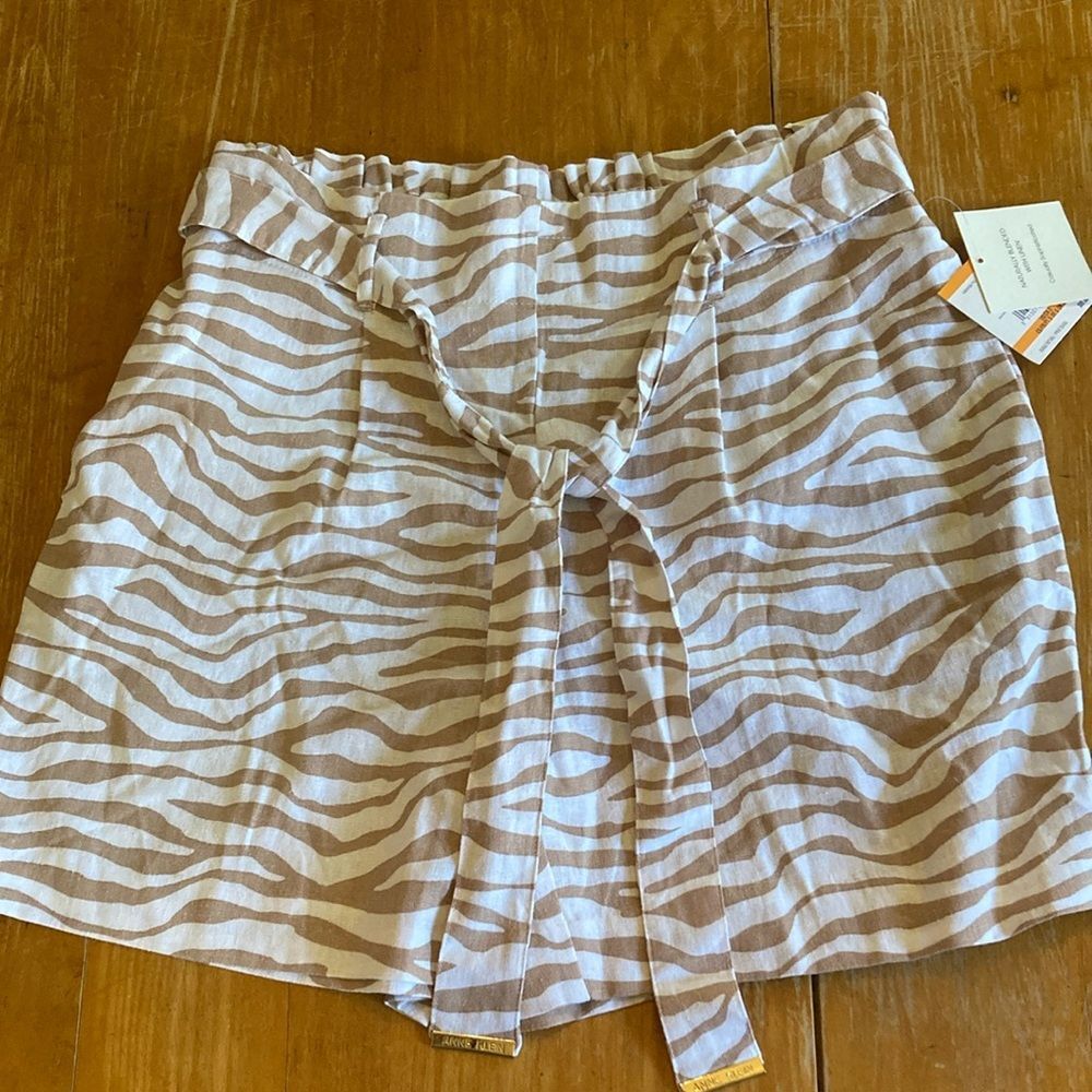 ANNE KLEIN New High Rise Linen Blend Animal Print Belted Shorts Tan White Size S